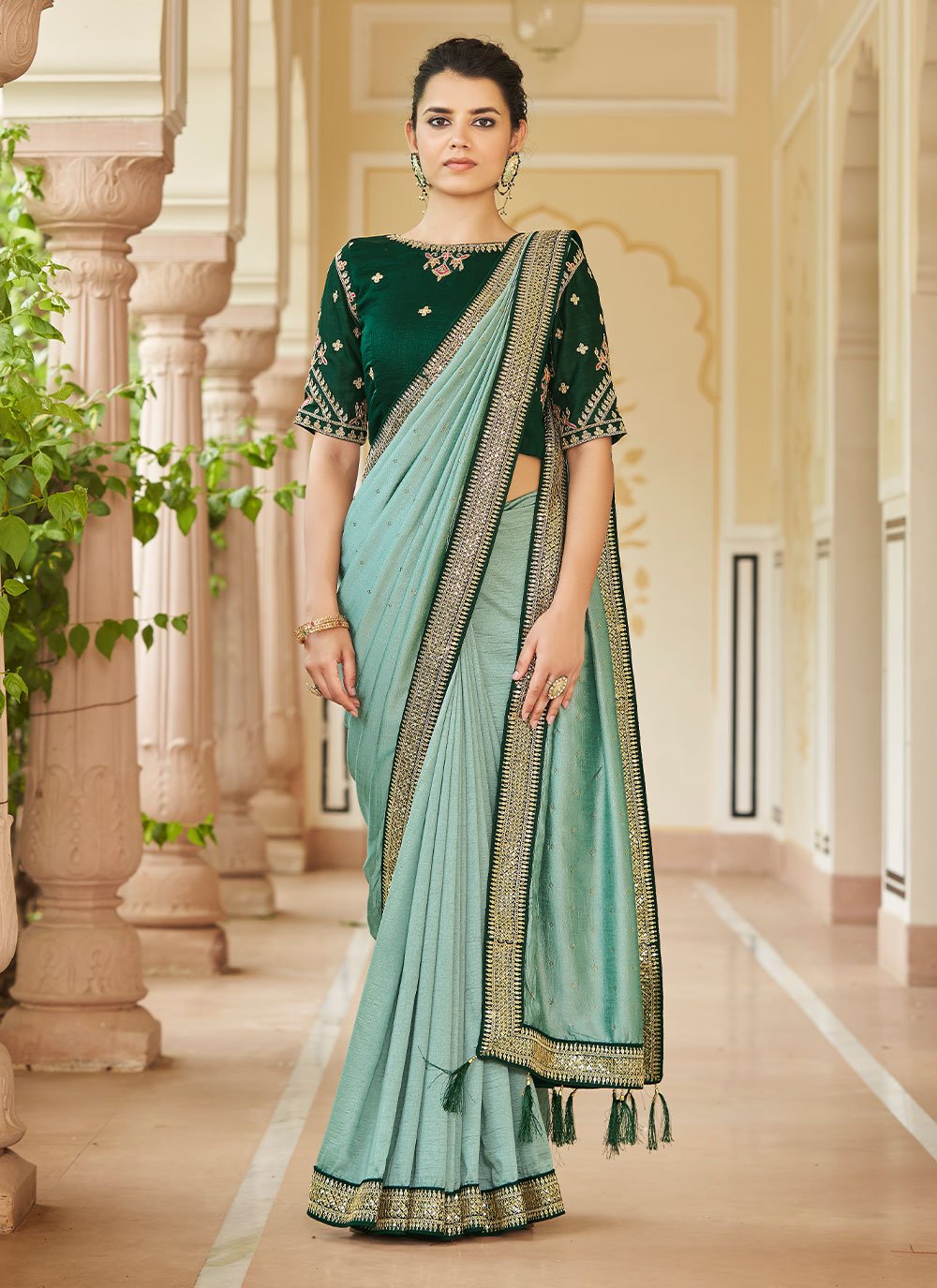 Designer Vichitra Silk Green Dori Work Saree