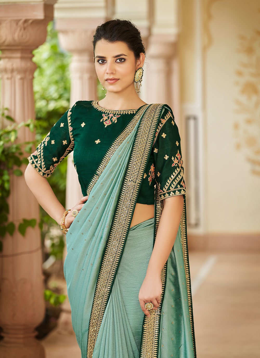 Designer Vichitra Silk Green Dori Work Saree