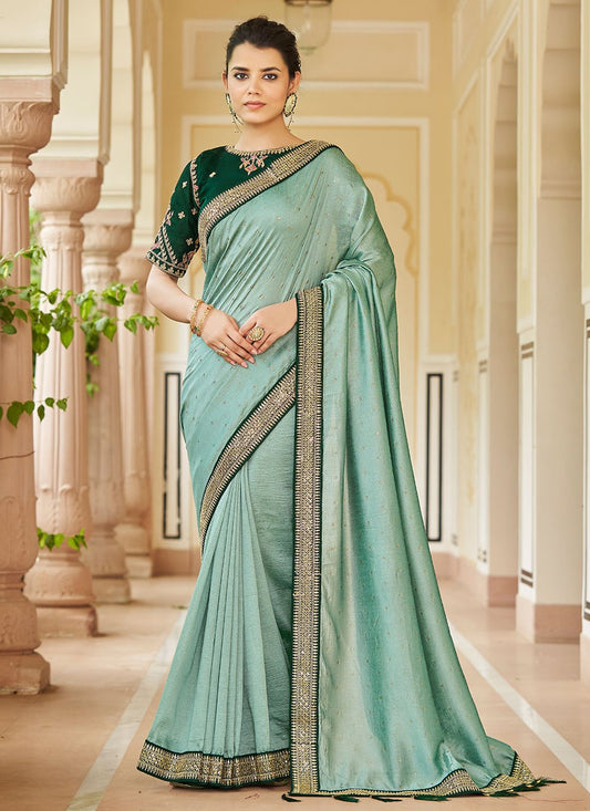 Designer Vichitra Silk Green Dori Work Saree