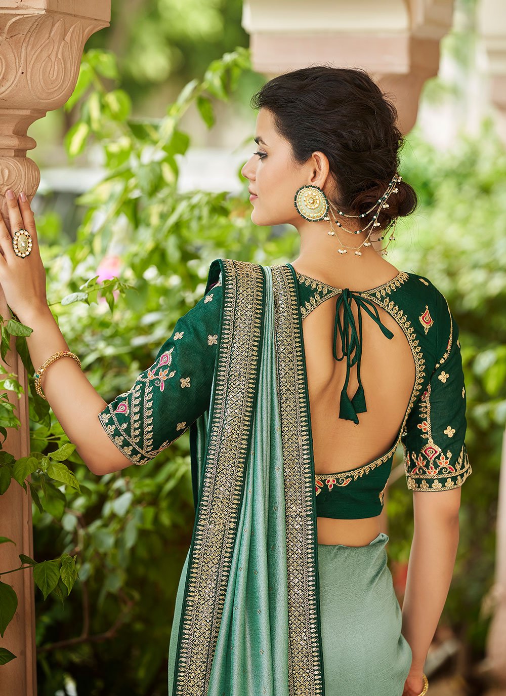 Designer Vichitra Silk Green Dori Work Saree