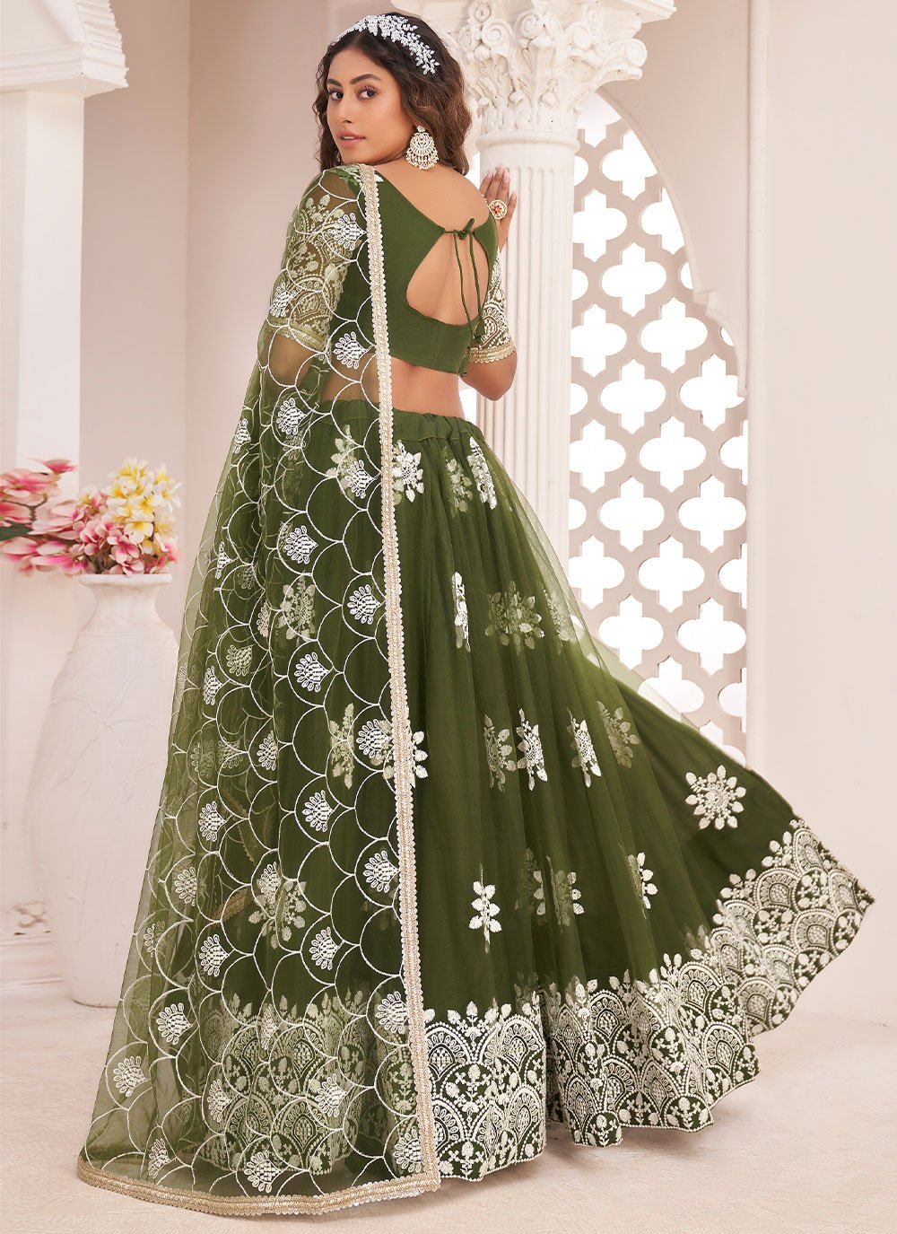 A Line Lehenga Net Green Embroidered Lehenga Choli