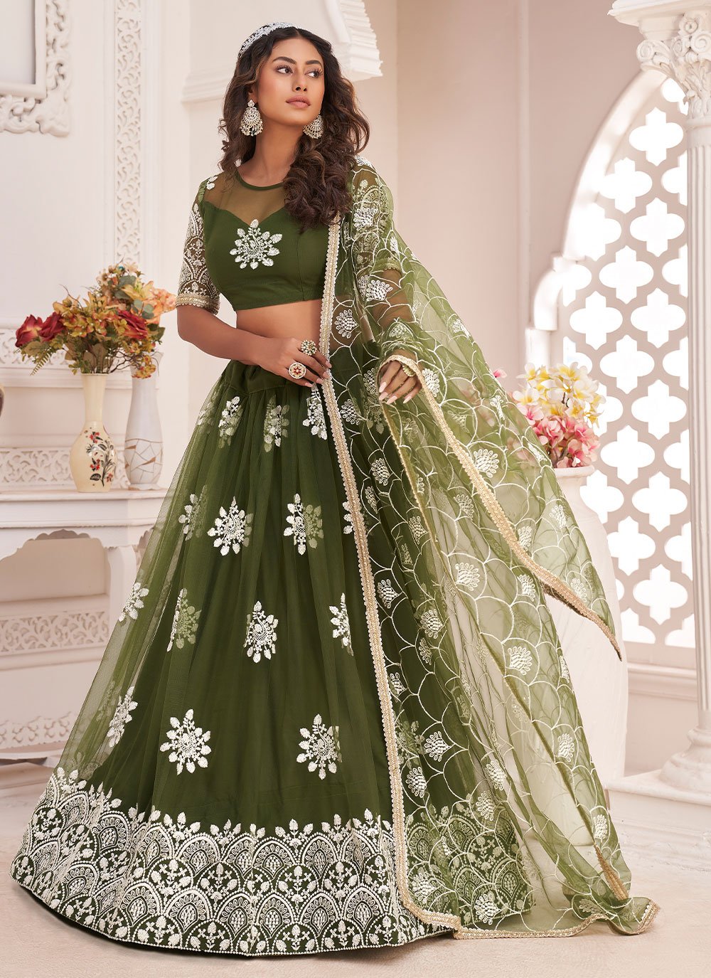 A Line Lehenga Net Green Embroidered Lehenga Choli