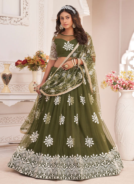 A Line Lehenga Net Green Embroidered Lehenga Choli