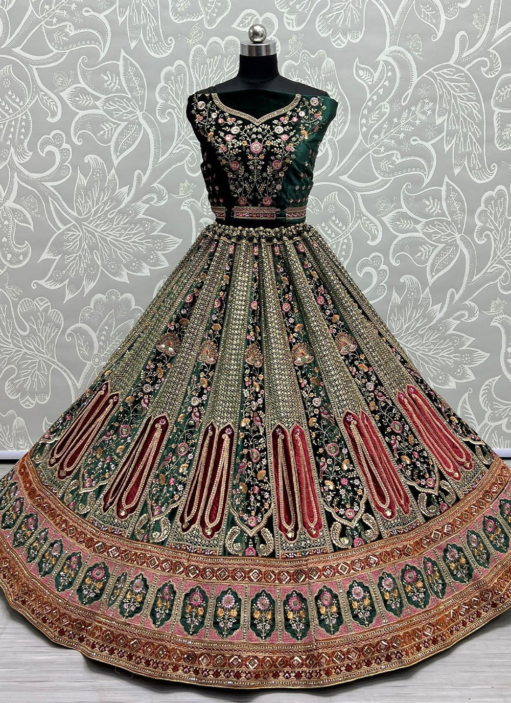 A Line Lehenga Velvet Green Diamond Lehenga Choli