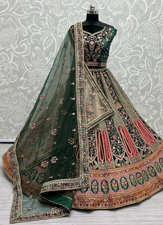 A Line Lehenga Velvet Green Diamond Lehenga Choli