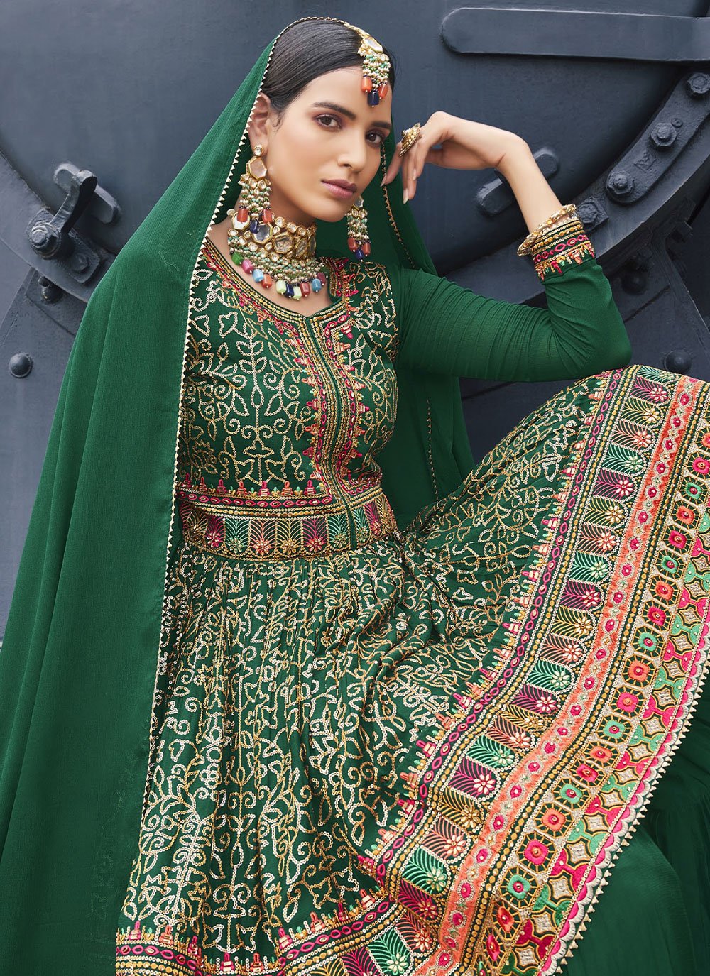 Palazzo Salwar Suit Chinon Green Embroidered Salwar Kameez