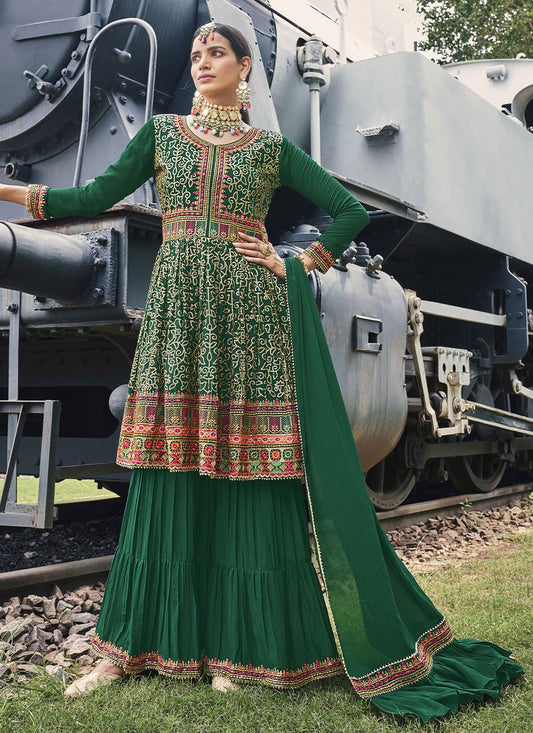 Palazzo Salwar Suit Chinon Green Embroidered Salwar Kameez