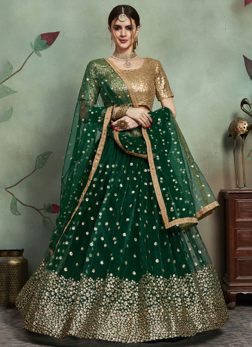 Lehenga Choli Net Green Embroidered Lehenga Choli