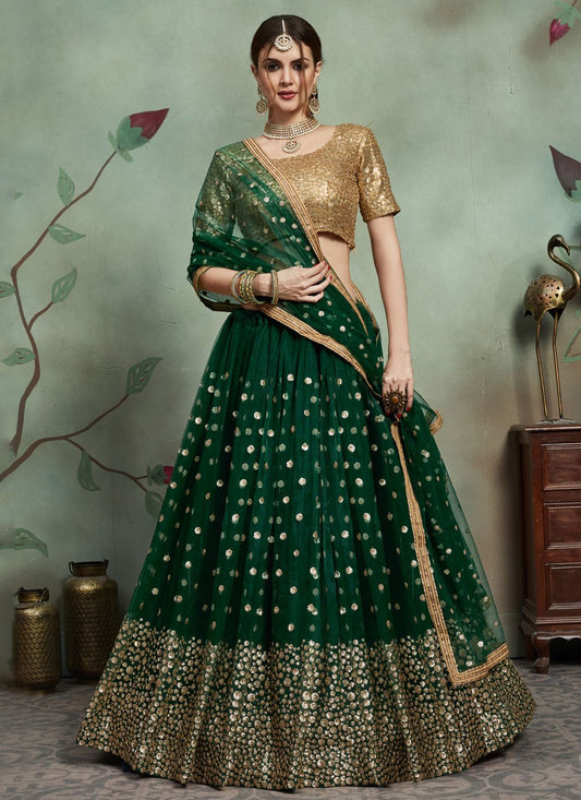 Lehenga Choli Net Green Embroidered Lehenga Choli