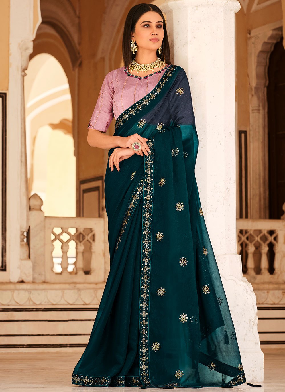 Classic Chinon Green Sequins Saree