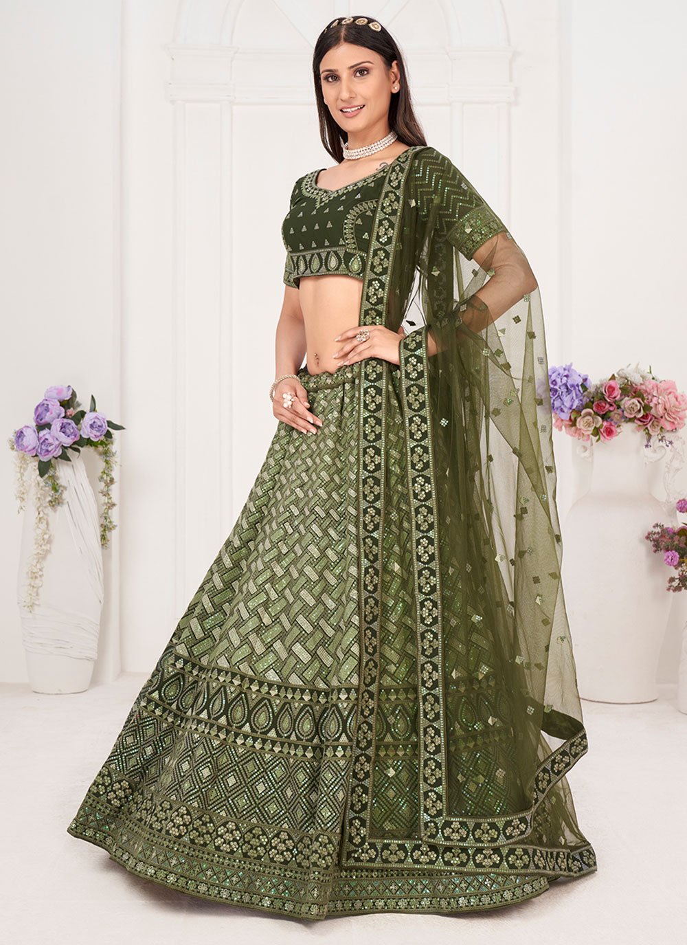 Lehenga Choli Georgette Green Embroidered Lehenga Choli