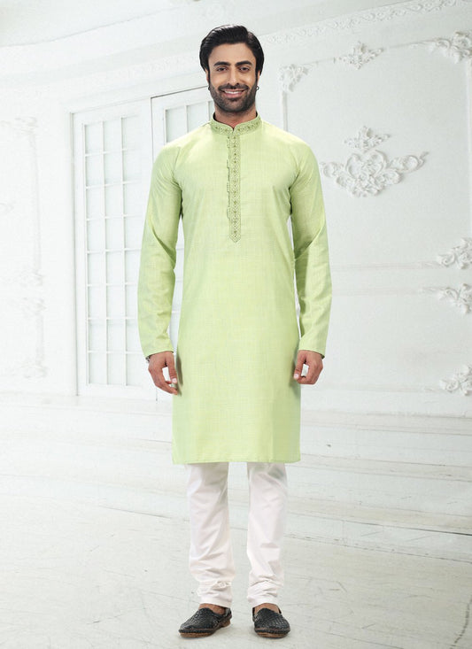 Kurta Pyjama Cotton Linen Green Thread Mens