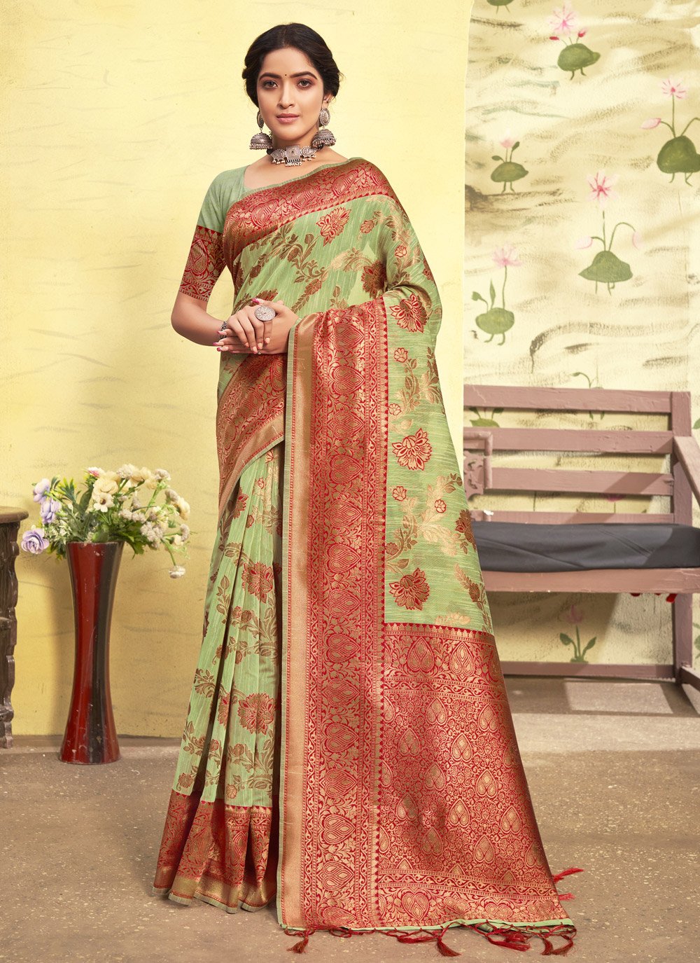 Traditional Saree Cotton Green Zari Saree