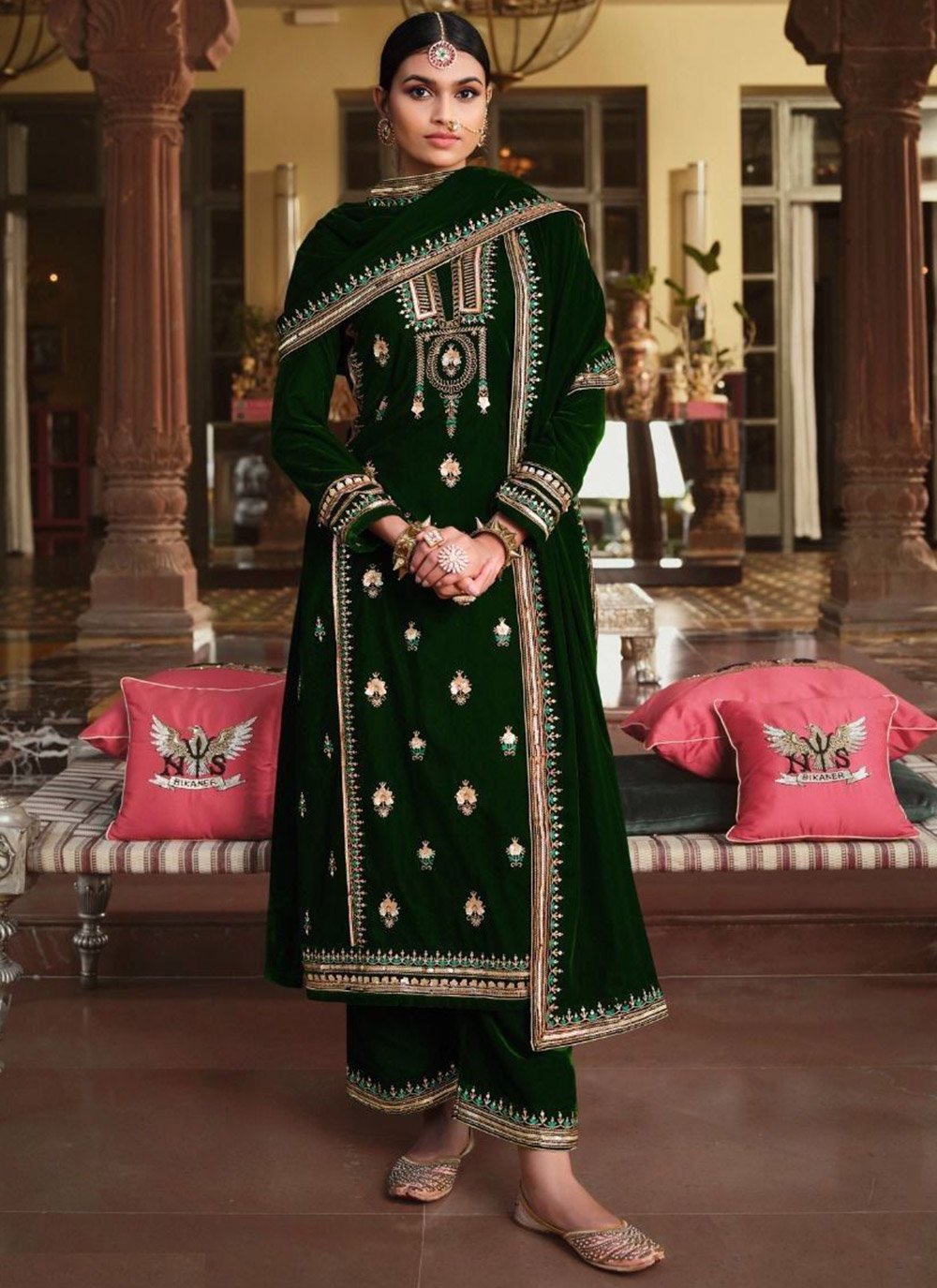 Palazzo Salwar Suit Velvet Green Embroidered Salwar Kameez