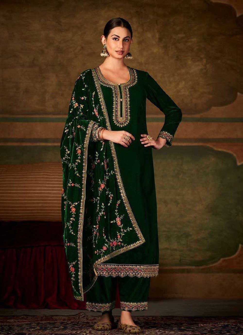 Palazzo Salwar Suit Velvet Green Embroidered Salwar Kameez