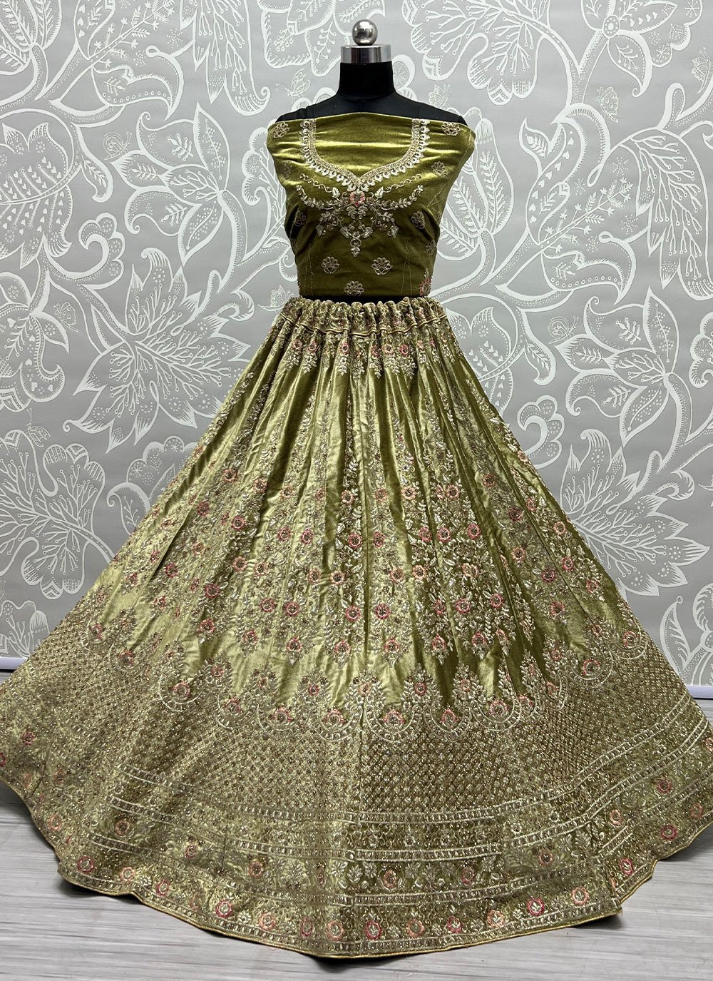 Lehenga Choli Velvet Green Diamond Lehenga Choli