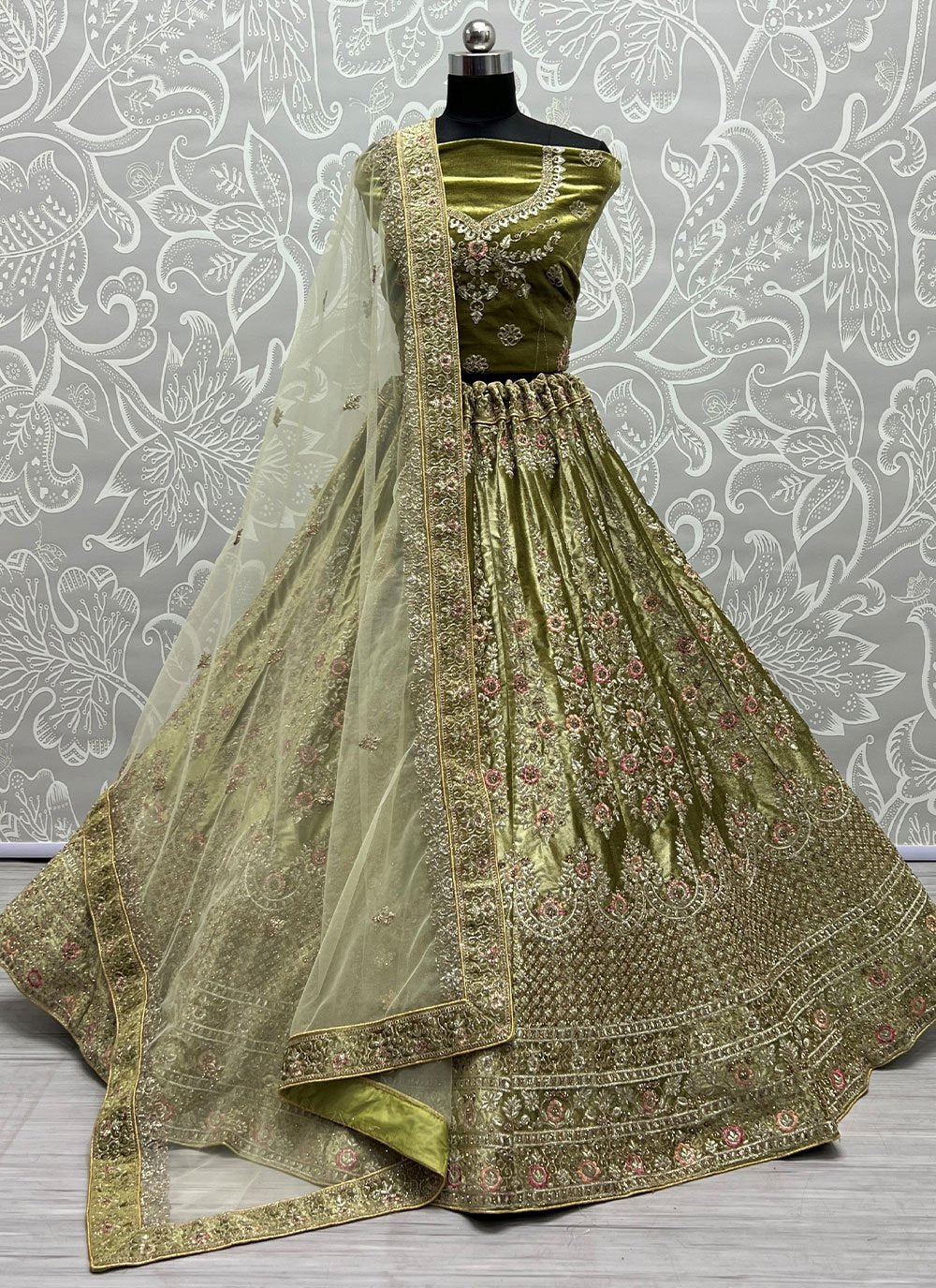 Lehenga Choli Velvet Green Diamond Lehenga Choli