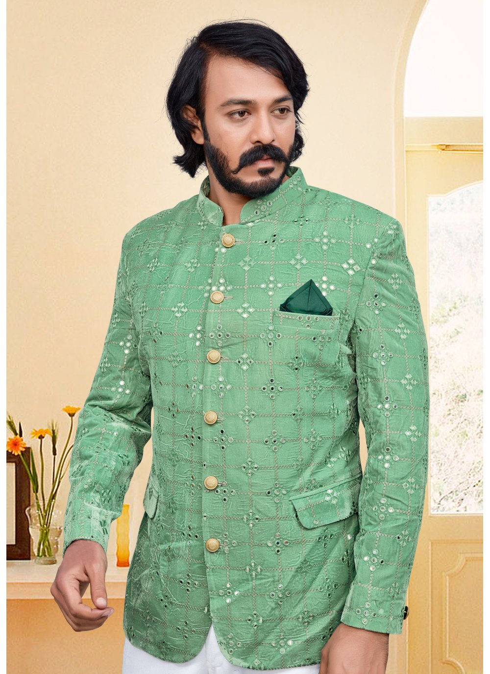 Jodhpuri Suit Velvet Green Embroidered Mens