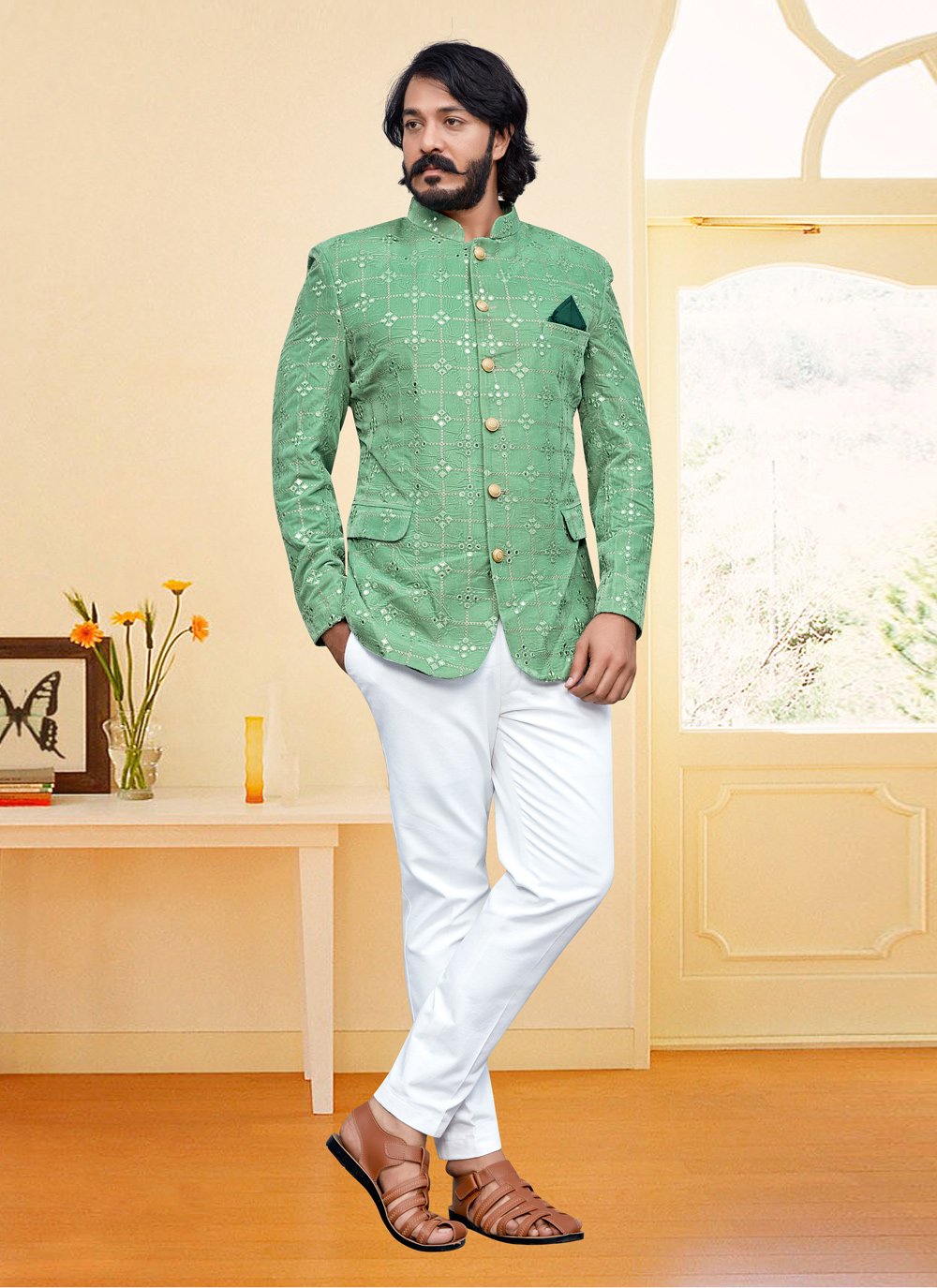 Jodhpuri Suit Velvet Green Embroidered Mens