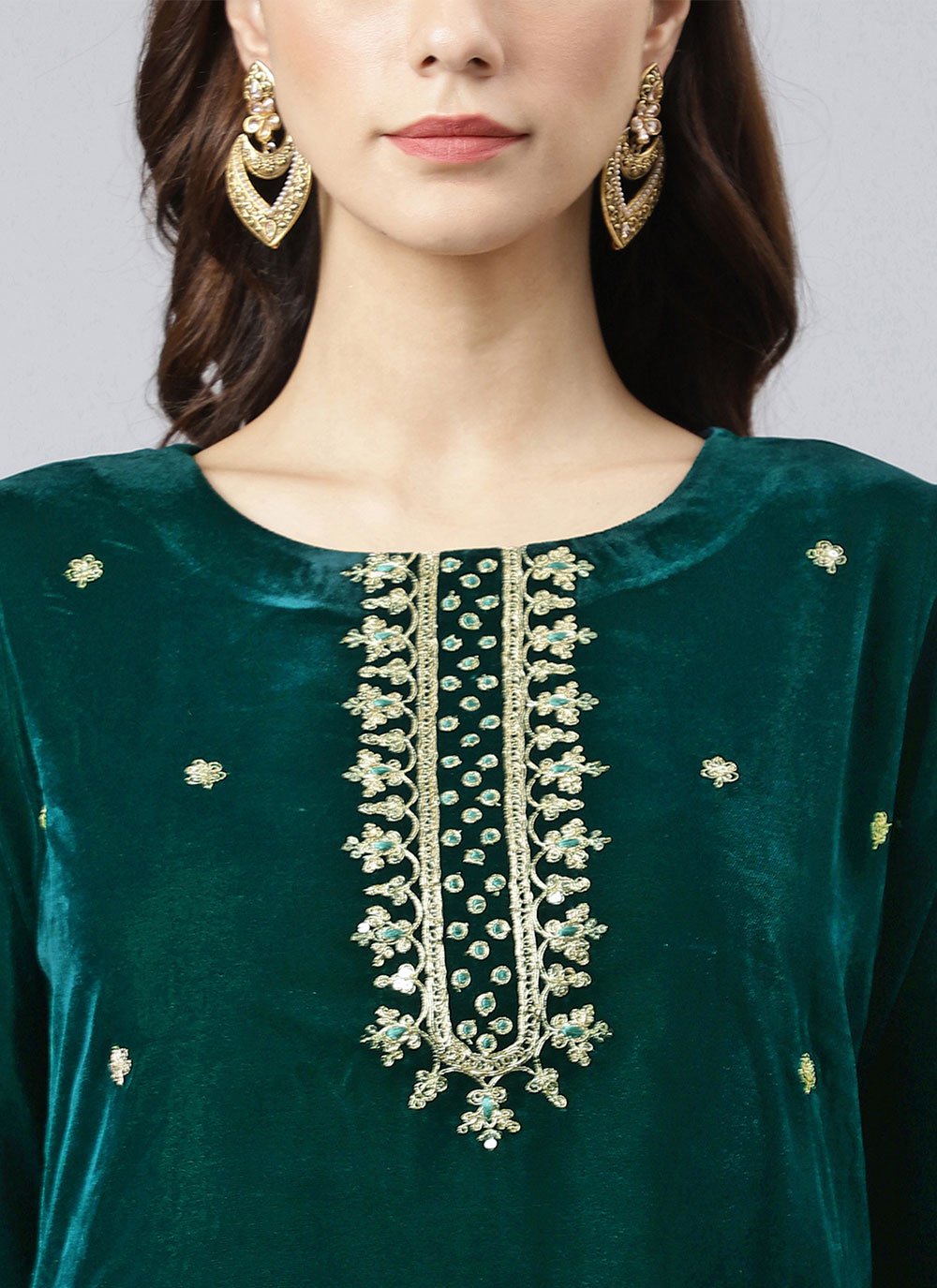 Palazzo Salwar Suit Velvet Green Embroidered Salwar Kameez