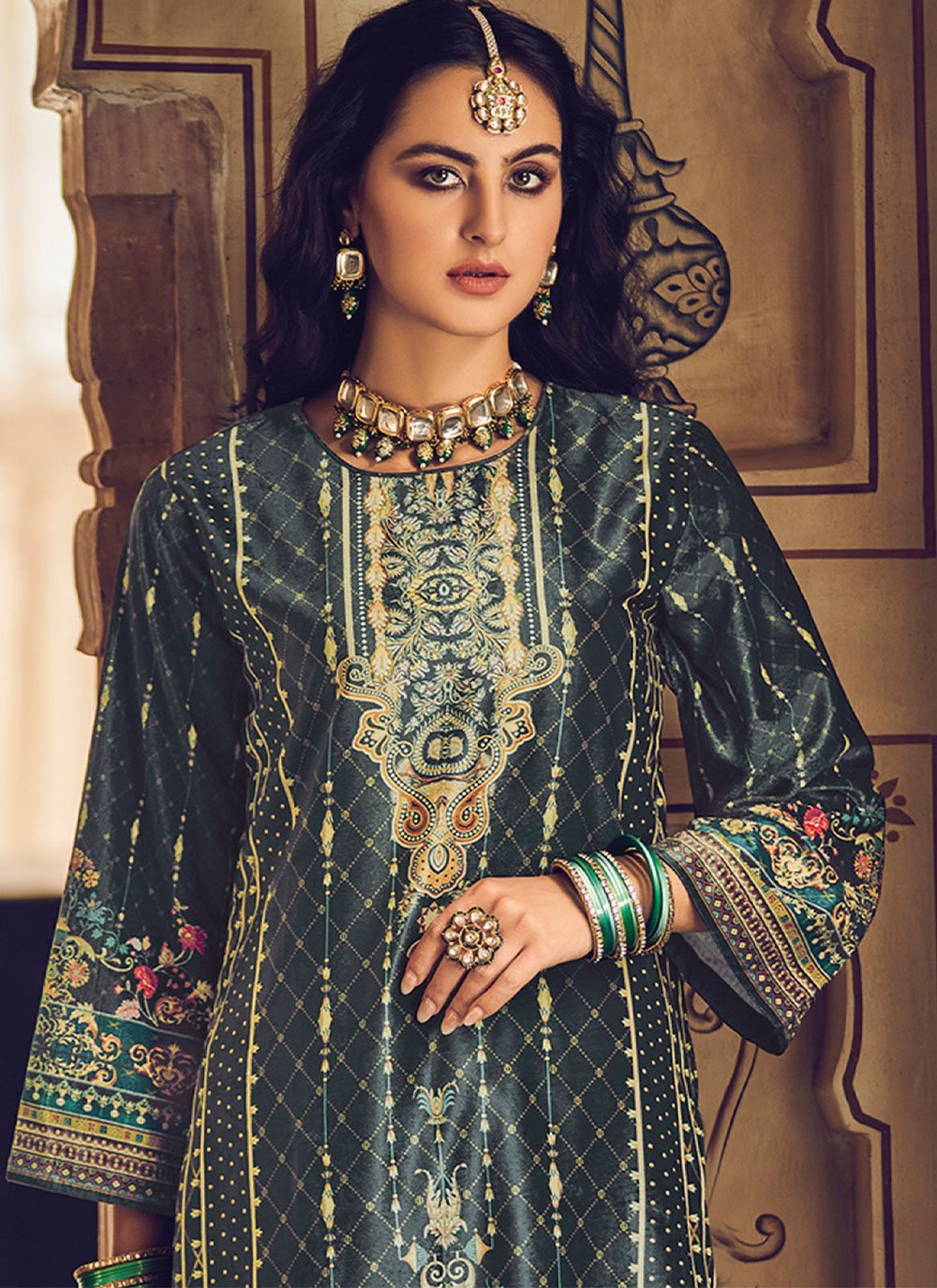 Salwar Suit Velvet Green Digital Print Salwar Kameez