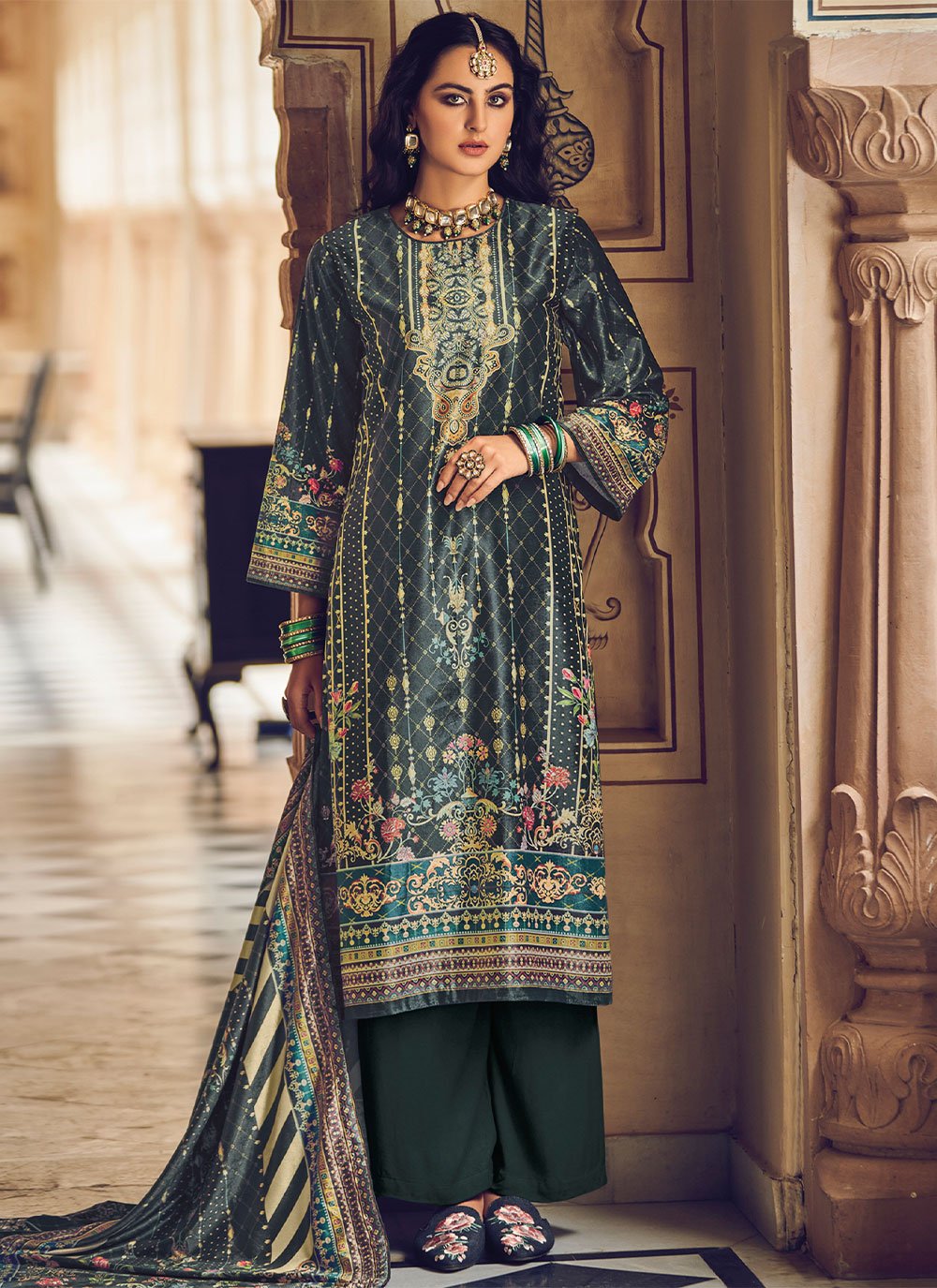 Salwar Suit Velvet Green Digital Print Salwar Kameez