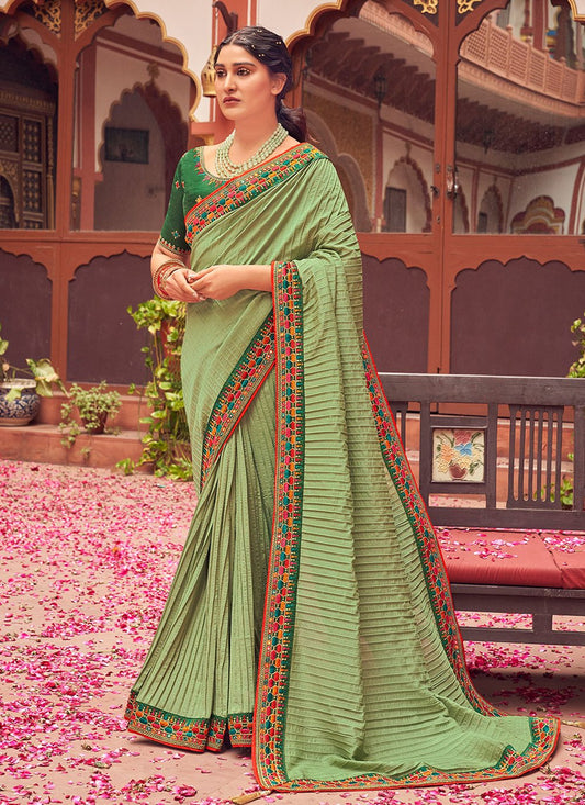 Contemporary Vichitra Silk Green Embroidered Saree