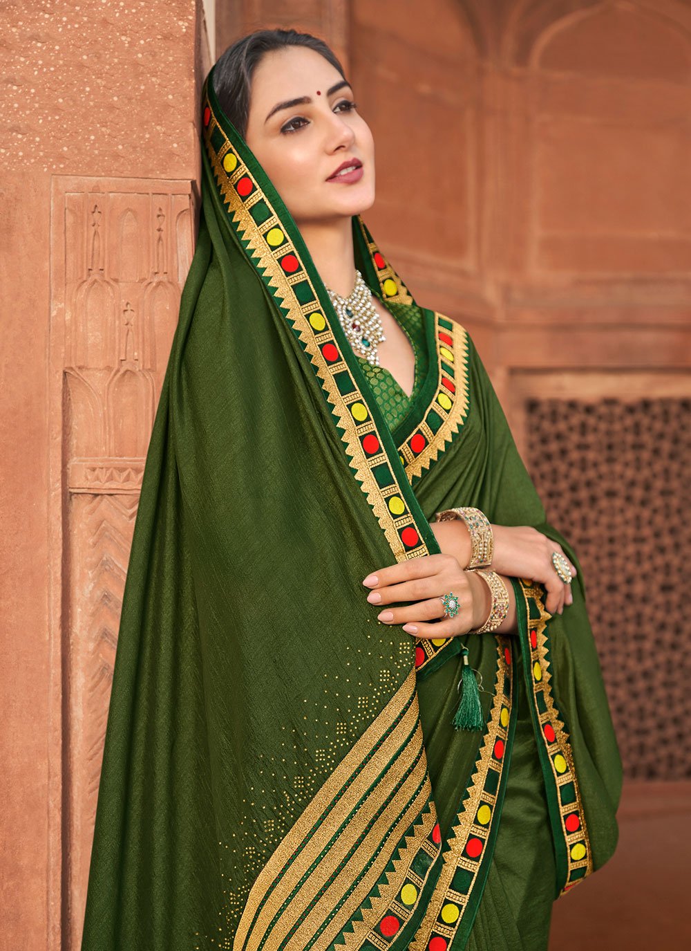 Designer Vichitra Silk Green Embroidered Saree
