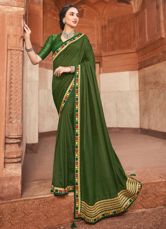 Designer Vichitra Silk Green Embroidered Saree