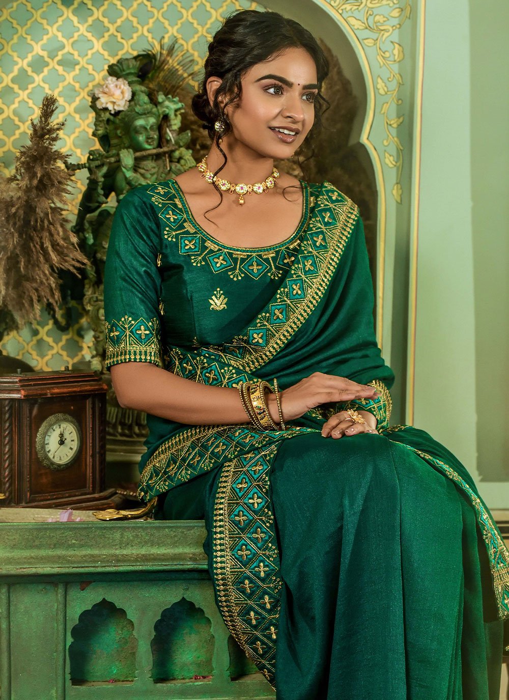 Contemporary Vichitra Silk Green Embroidered Saree