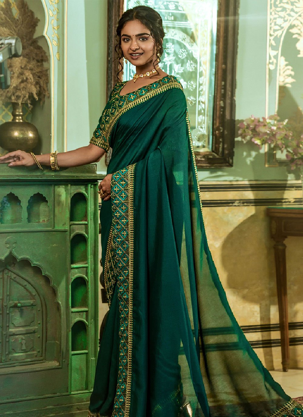 Contemporary Vichitra Silk Green Embroidered Saree