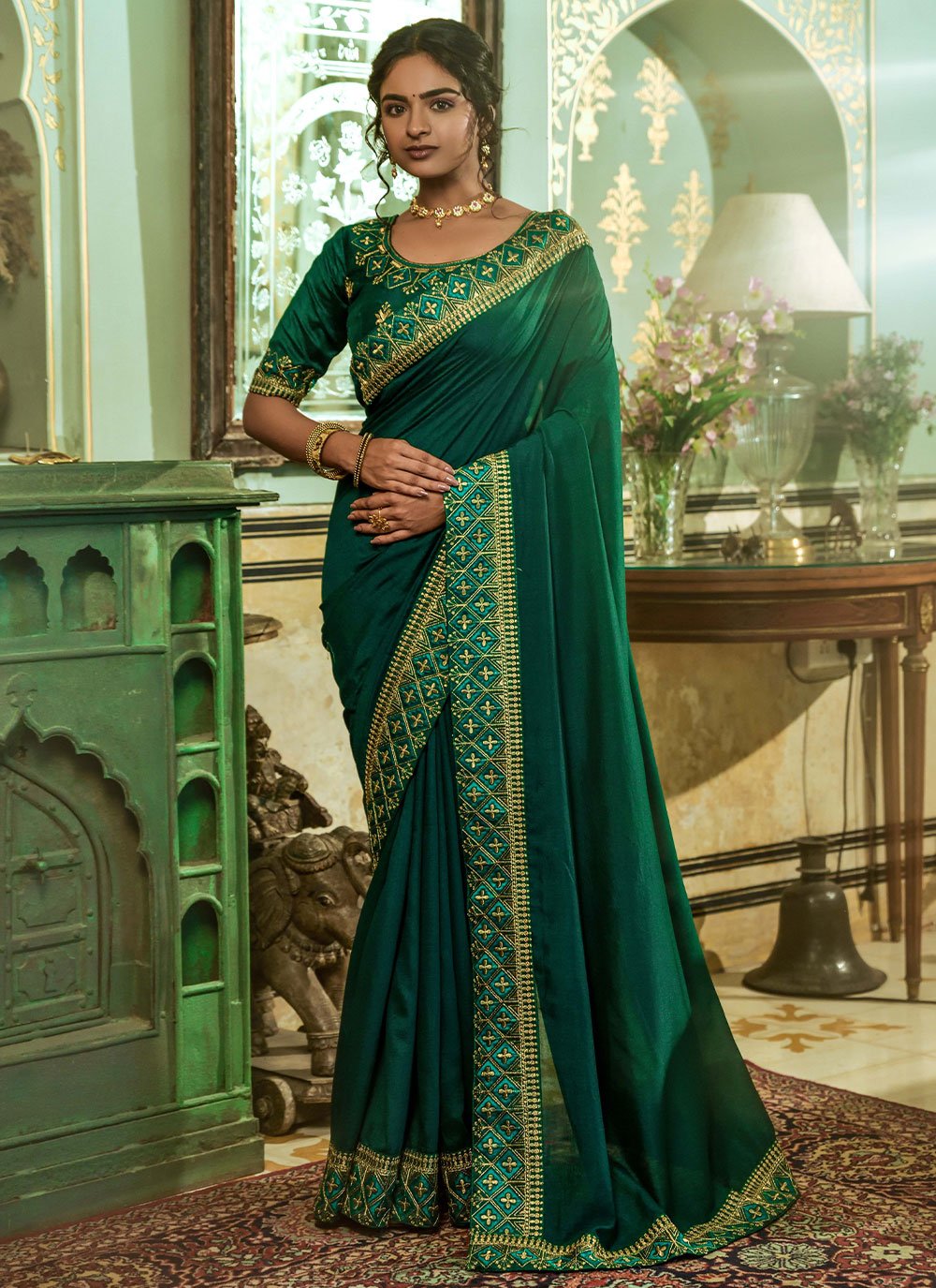 Contemporary Vichitra Silk Green Embroidered Saree