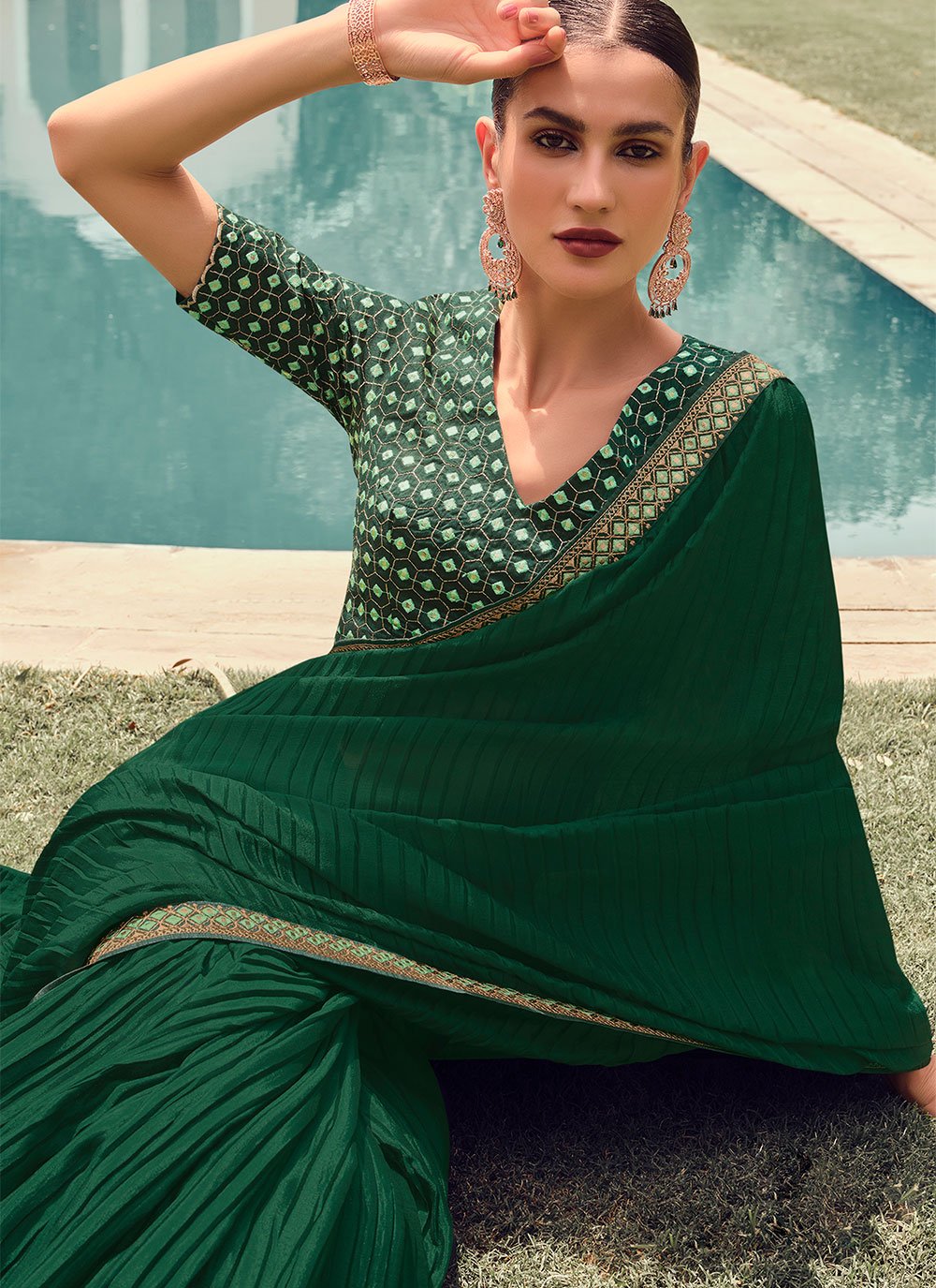 Designer Vichitra Silk Green Embroidered Saree