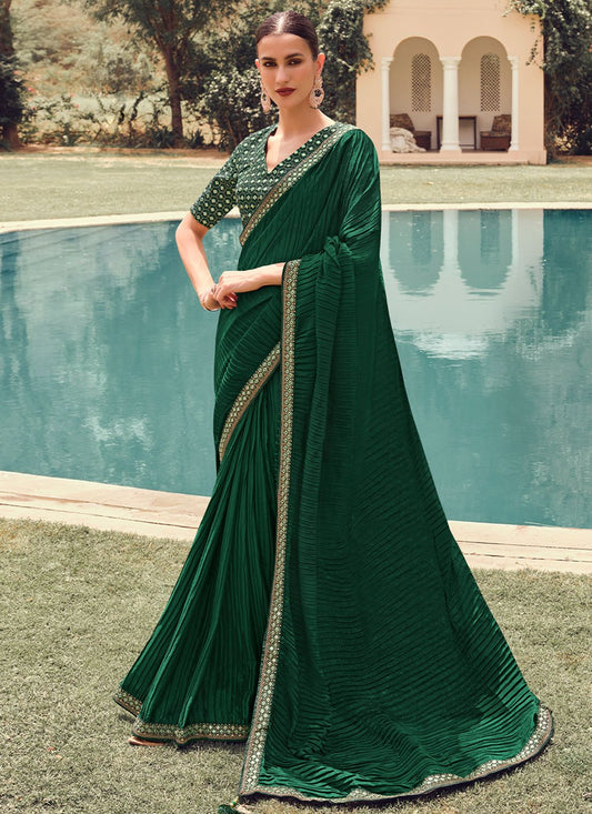 Designer Vichitra Silk Green Embroidered Saree