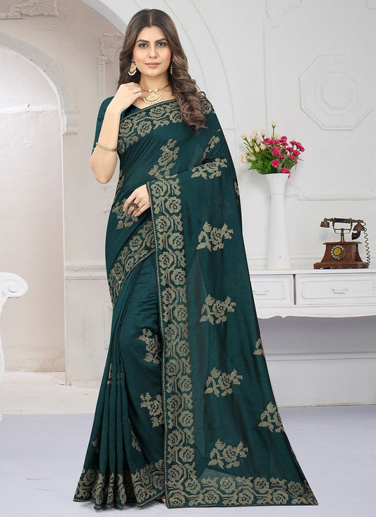 Trendy Saree Vichitra Silk Green Embroidered Saree