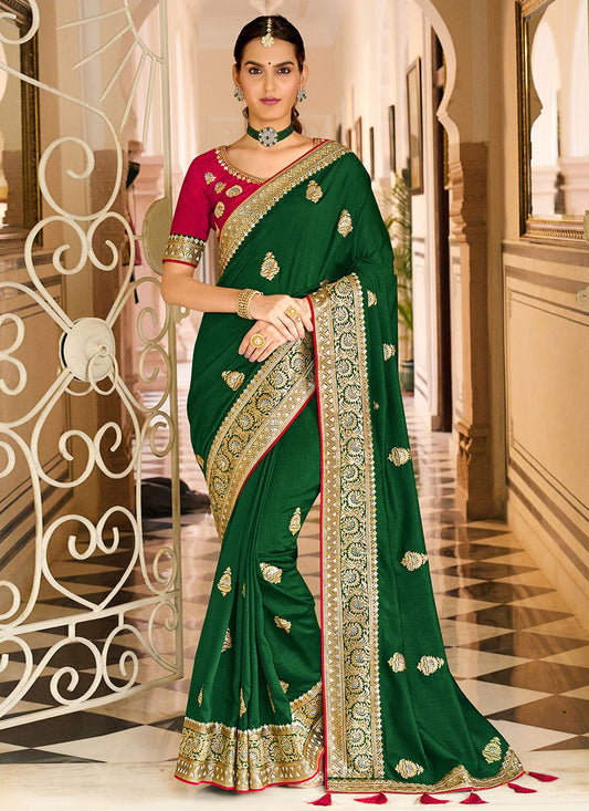 Trendy Saree Vichitra Silk Green Embroidered Saree