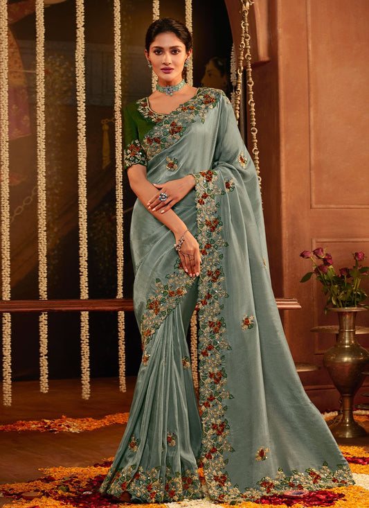 Classic Viscose Green Embroidered Saree