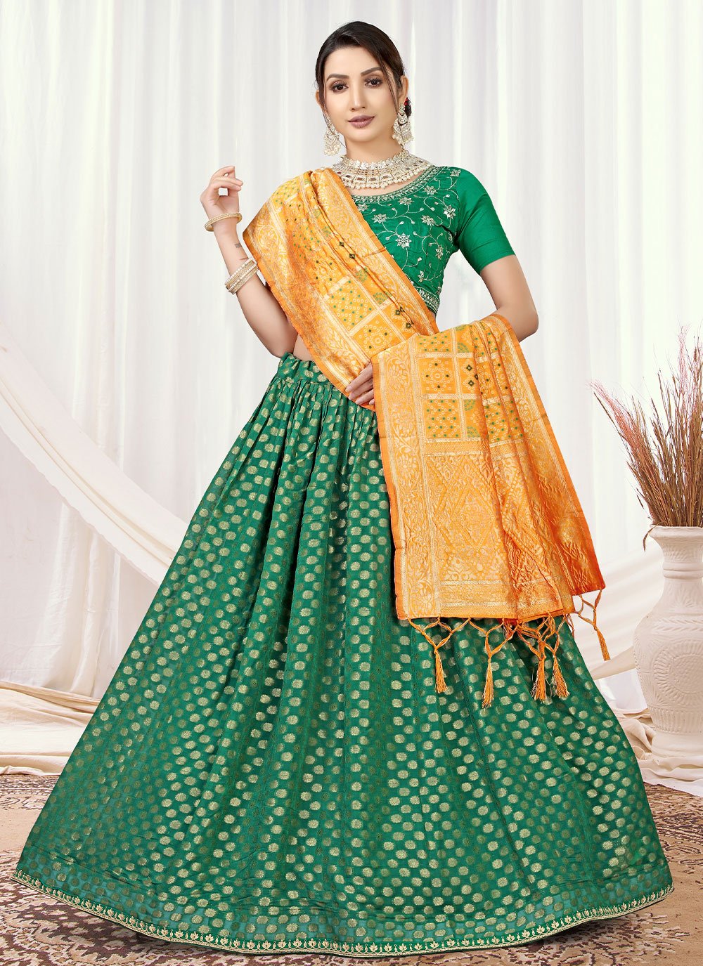 Lehenga Choli Viscose Green Jacquard Work Lehenga Choli