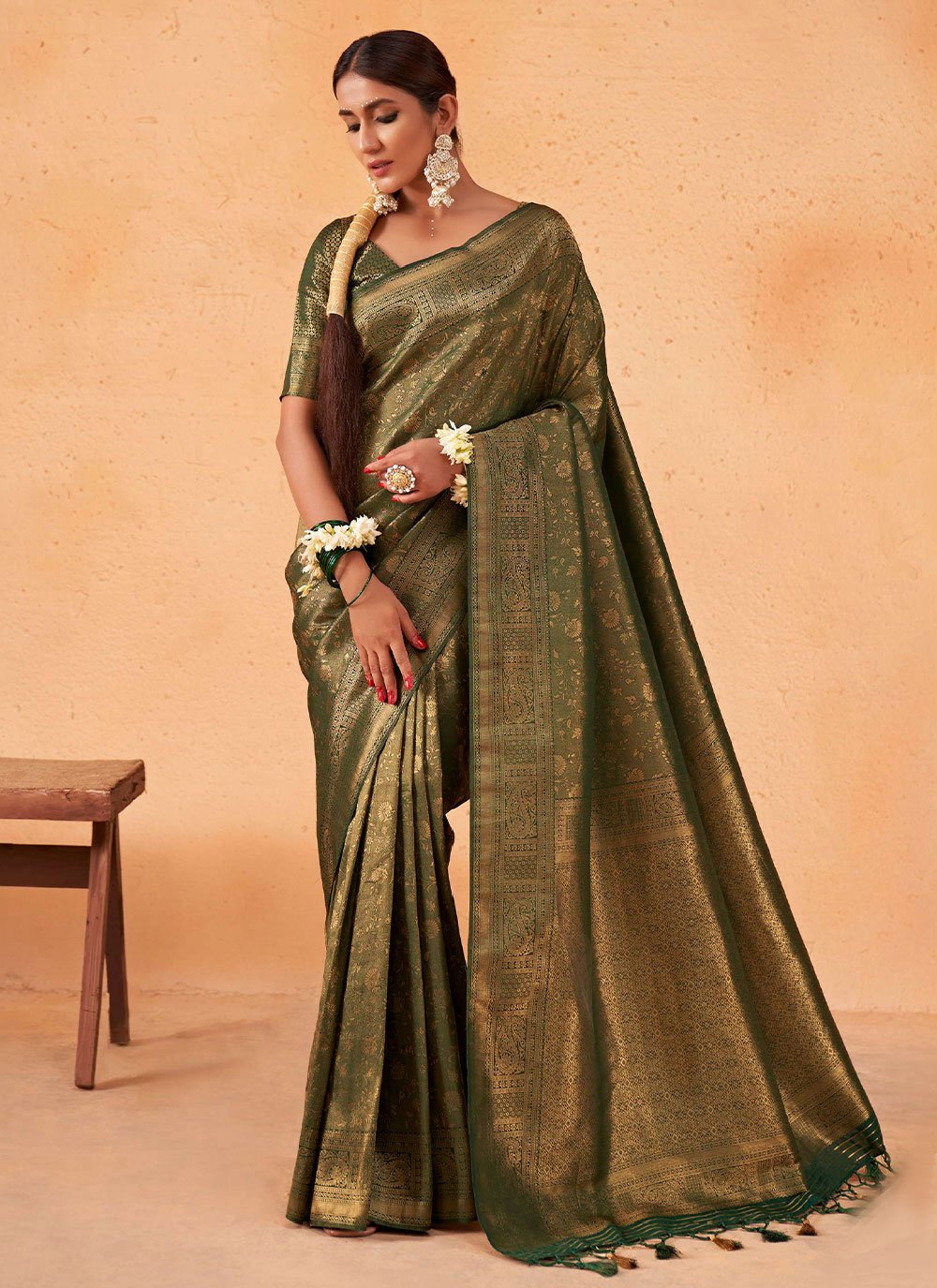 Classic Kanjivaram Silk Green Weaving Saree