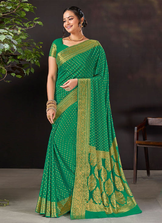 Contemporary Chiffon Viscose Green Weaving Saree