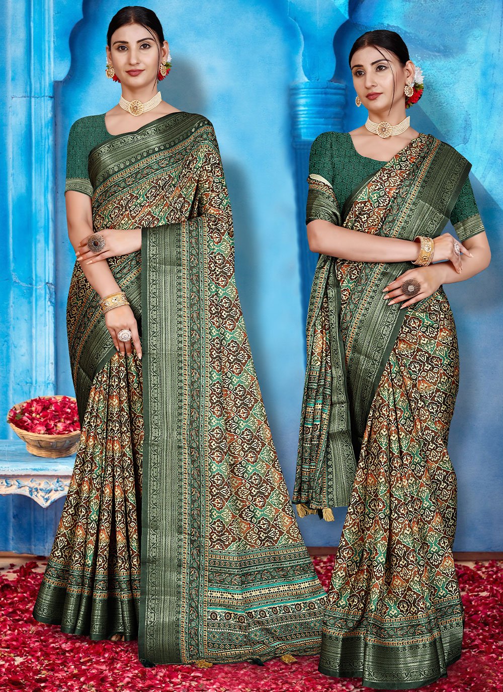 Contemporary Tussar Silk Green Patch Border Saree