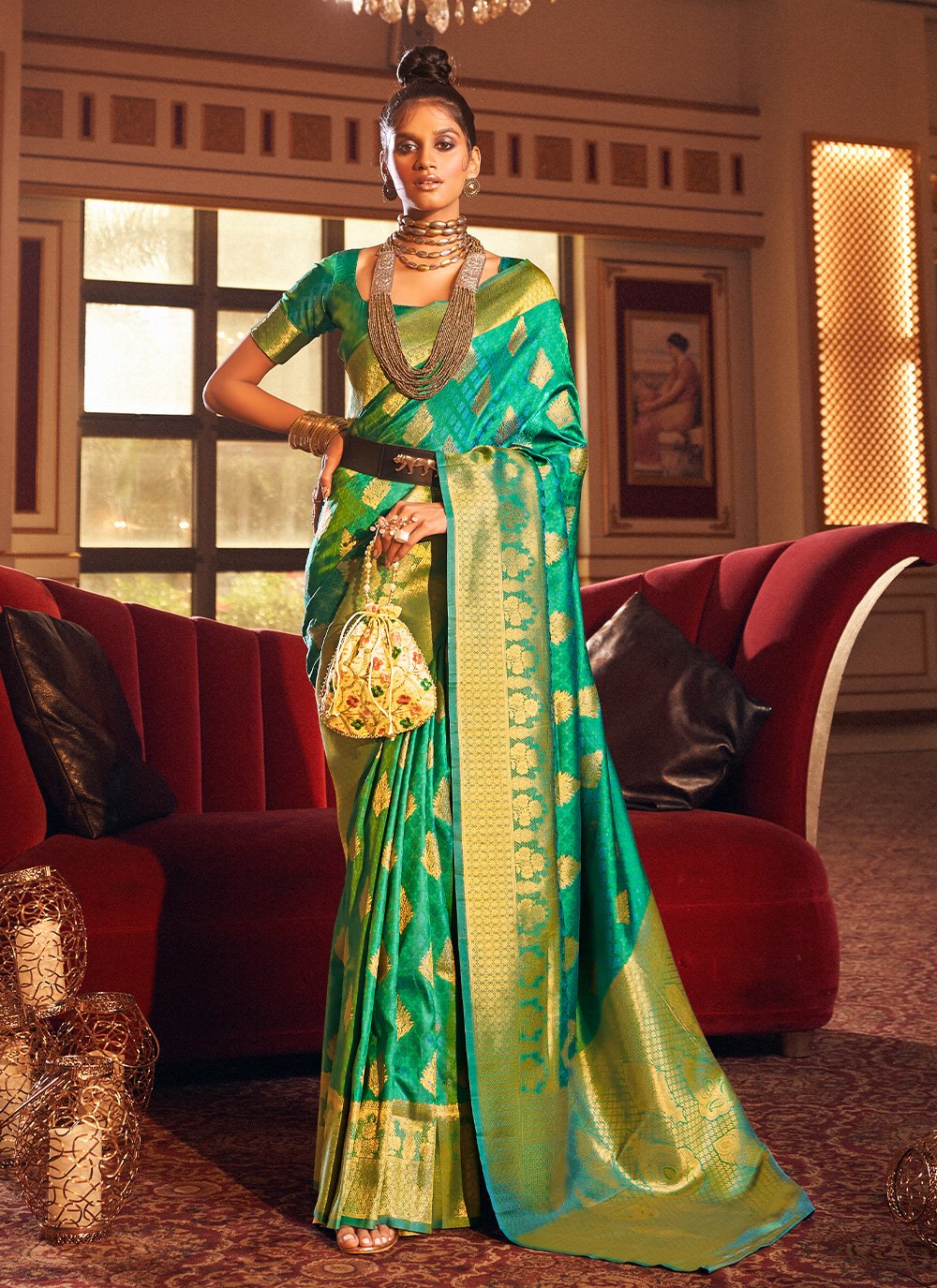 Contemporary Handloom Silk Green Weaving Saree
