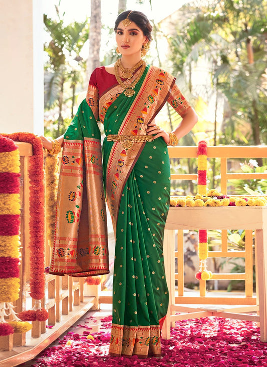 Traditional Saree Silk Green Patch Border Saree