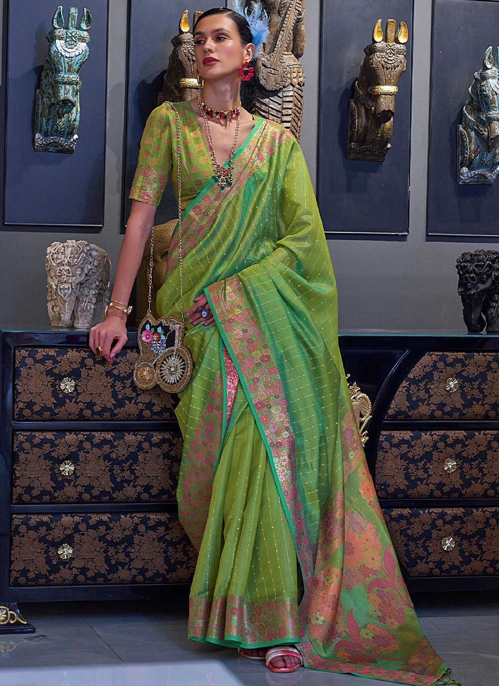 Trendy Saree Organza Green Weaving Saree