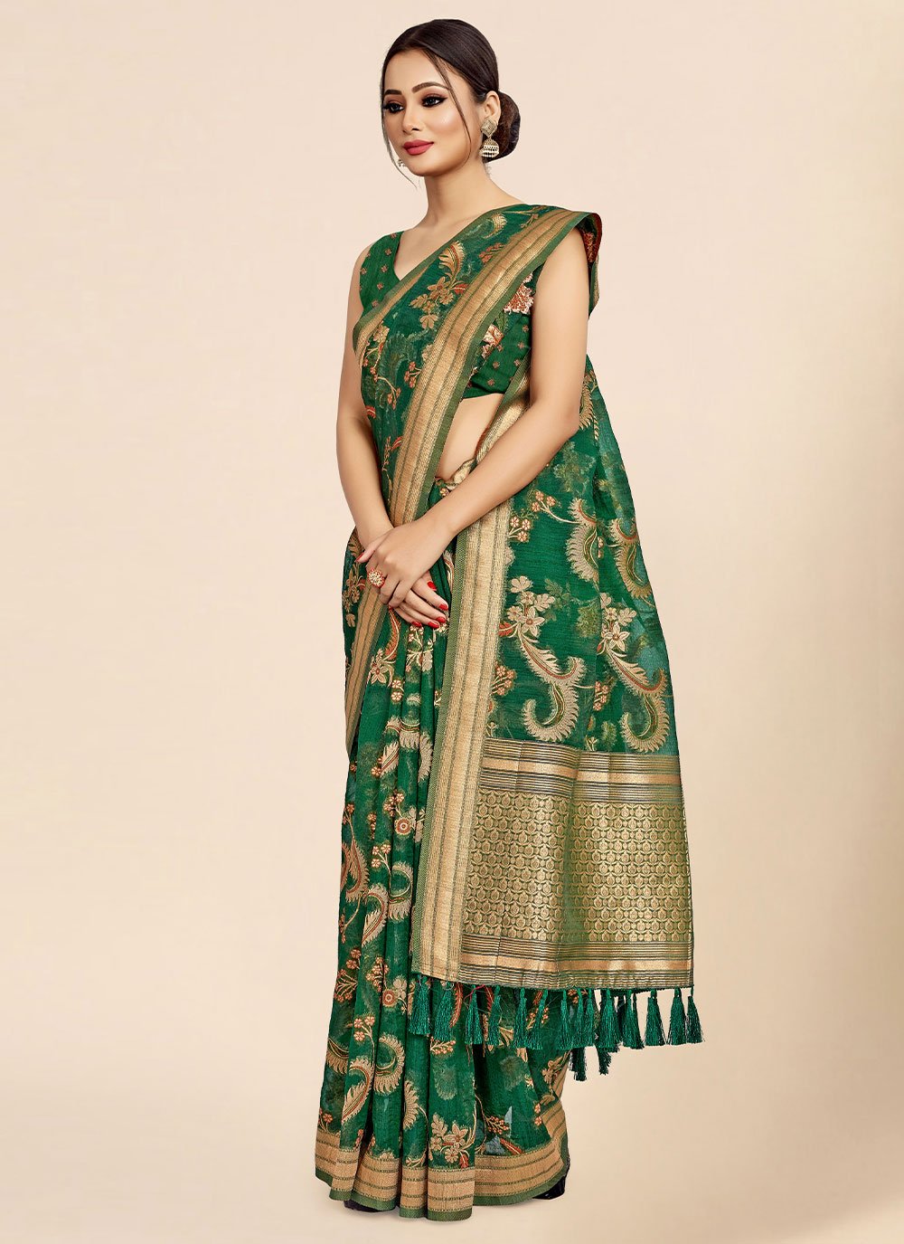 Trendy Saree Organza Viscose Green Weaving Saree