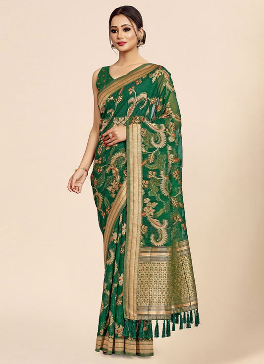 Trendy Saree Organza Viscose Green Weaving Saree