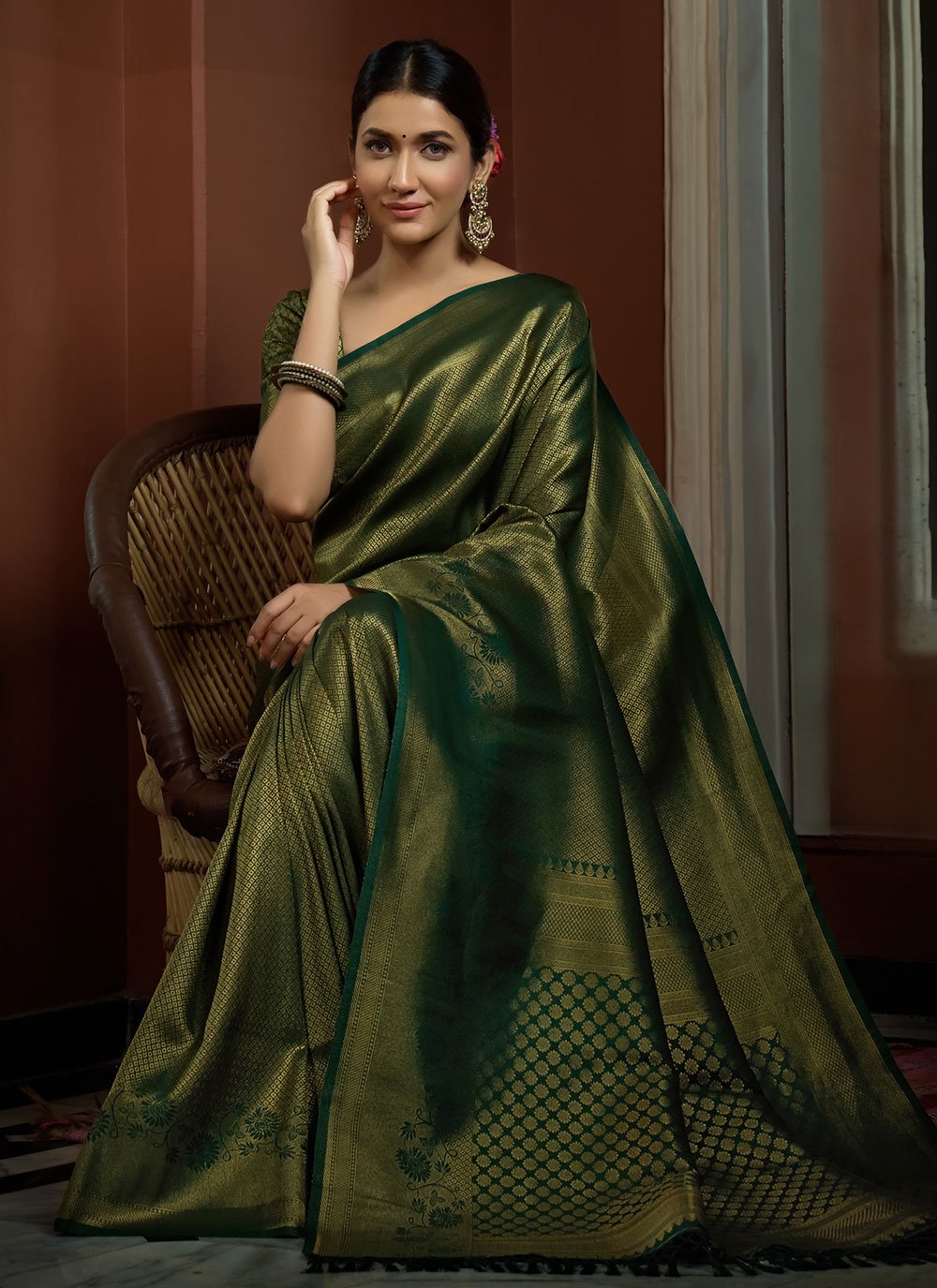 Trendy Saree Kanjivaram Silk Green Weaving Saree