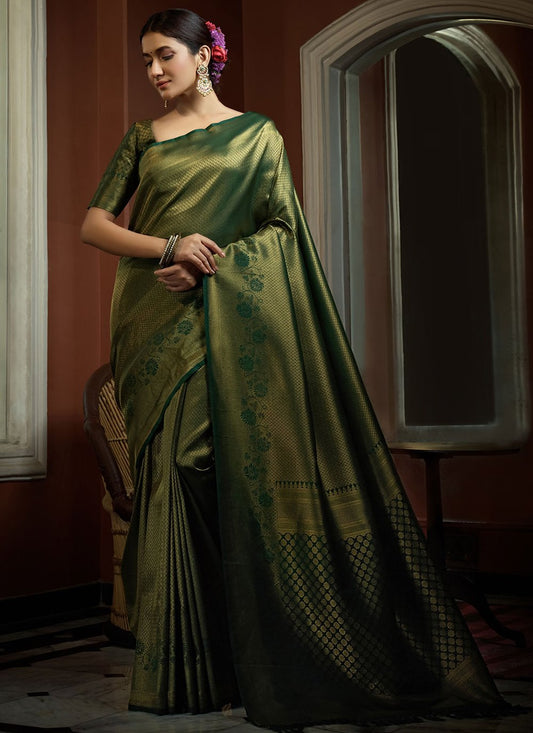 Trendy Saree Kanjivaram Silk Green Weaving Saree