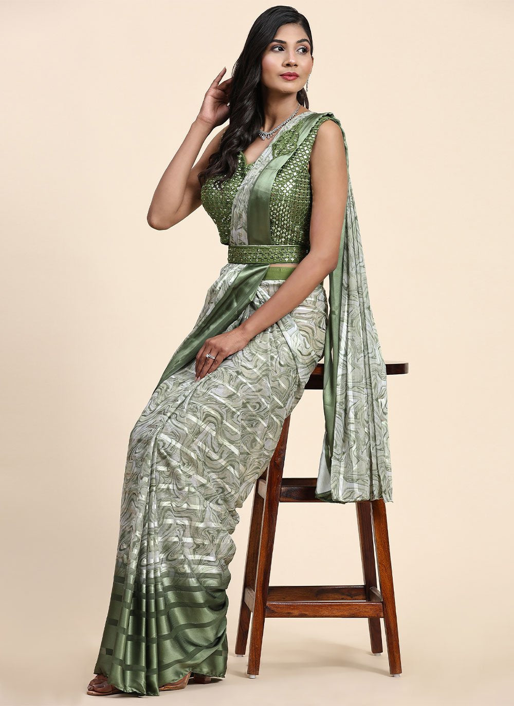 Classic Satin Silk Green Embroidered Saree