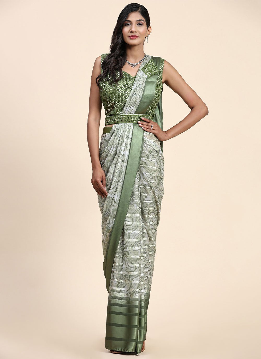 Classic Satin Silk Green Embroidered Saree